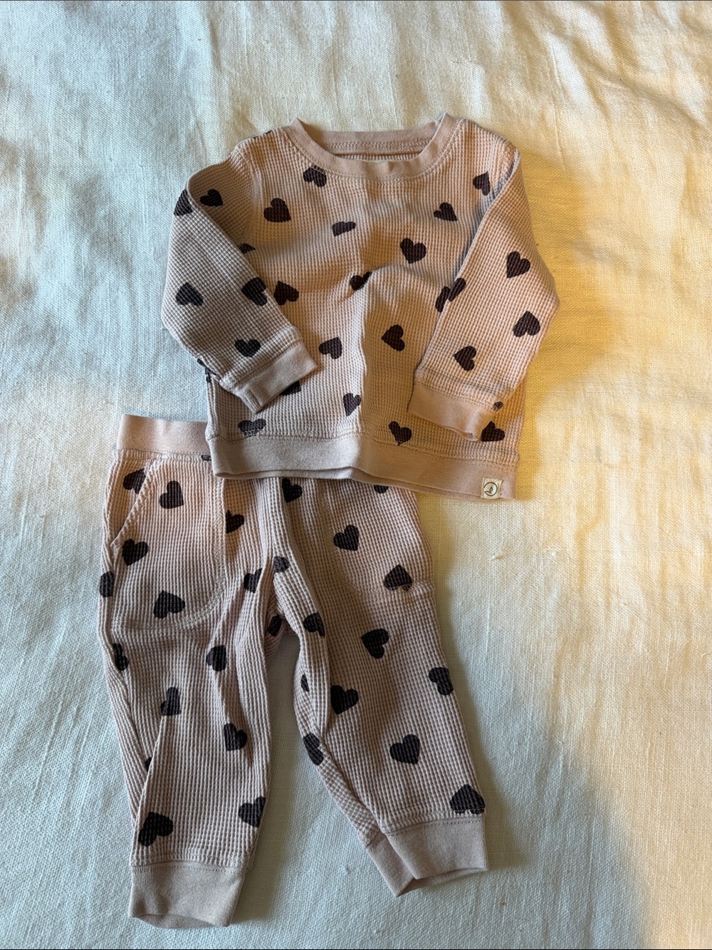 Girls' Waffle Heart-Print Pajama Set in Blush